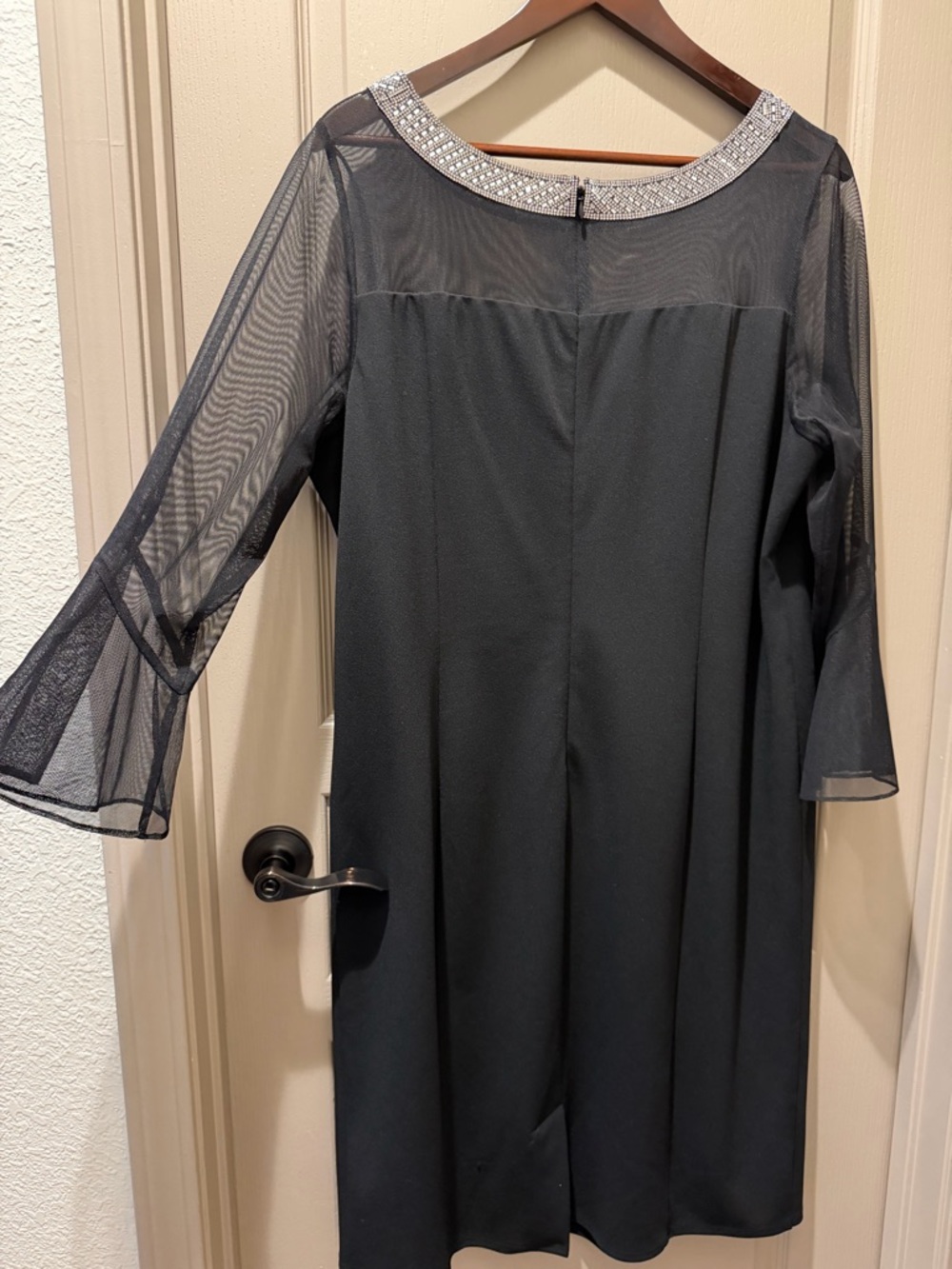 Alex Evenings Black Long Sleeve Mesh Dress with Beaded Collar - Picture 6 of 8